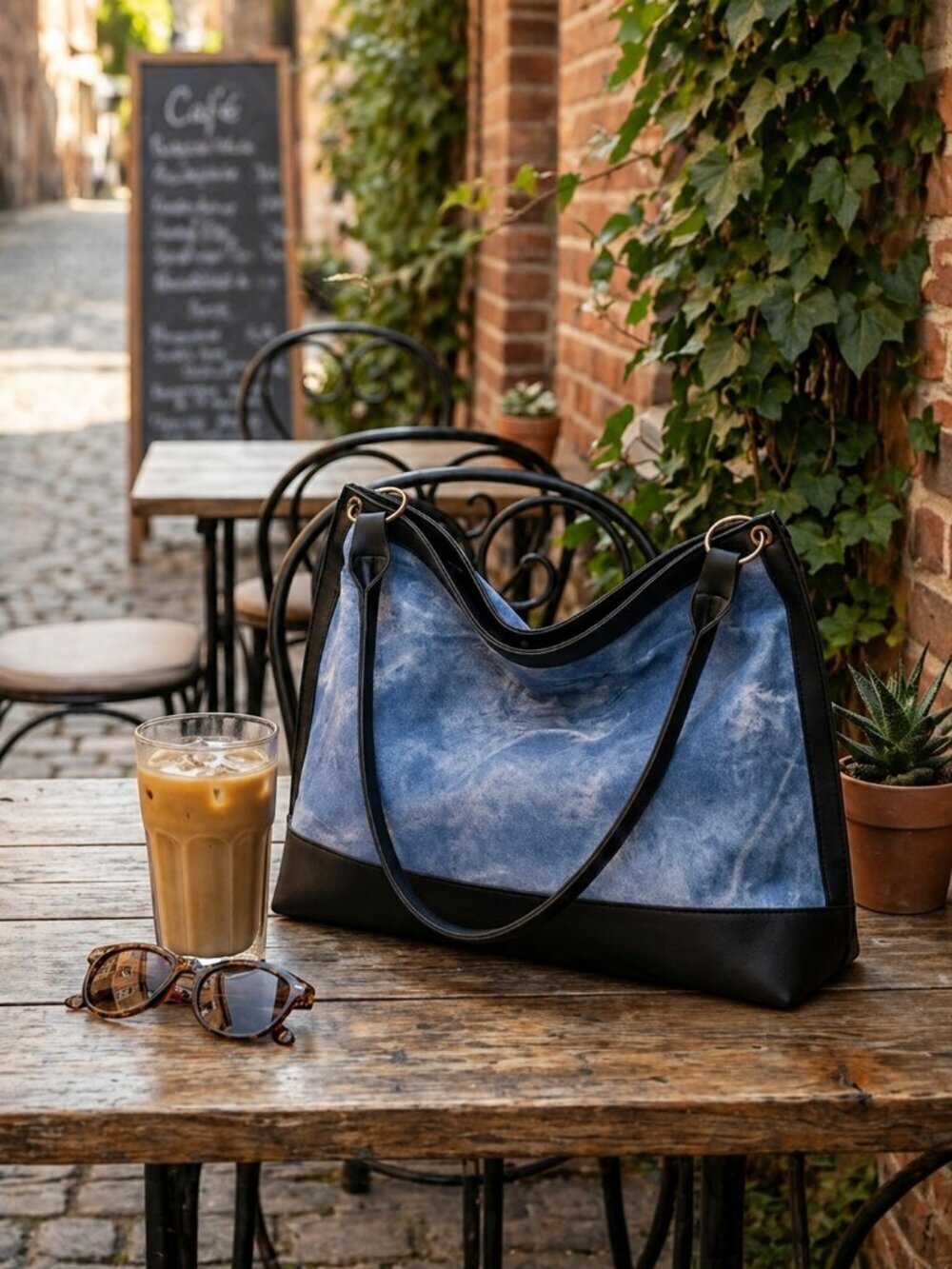 Denim Wash Vegan Leather Hobo Shoulder Bag Blue Black Modern Boho Tote 13in